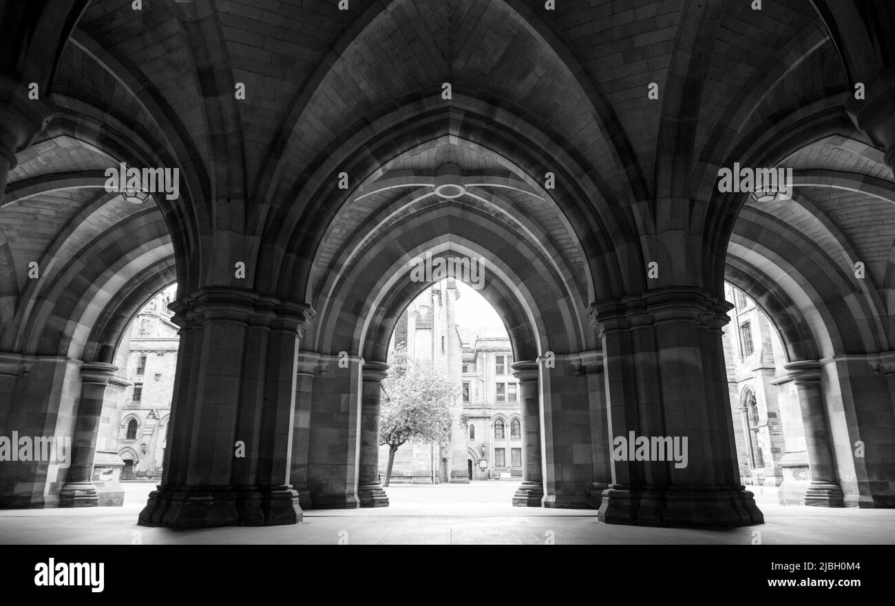 Cloisters on the Glasgow University campus in Scotland, built in Gothic