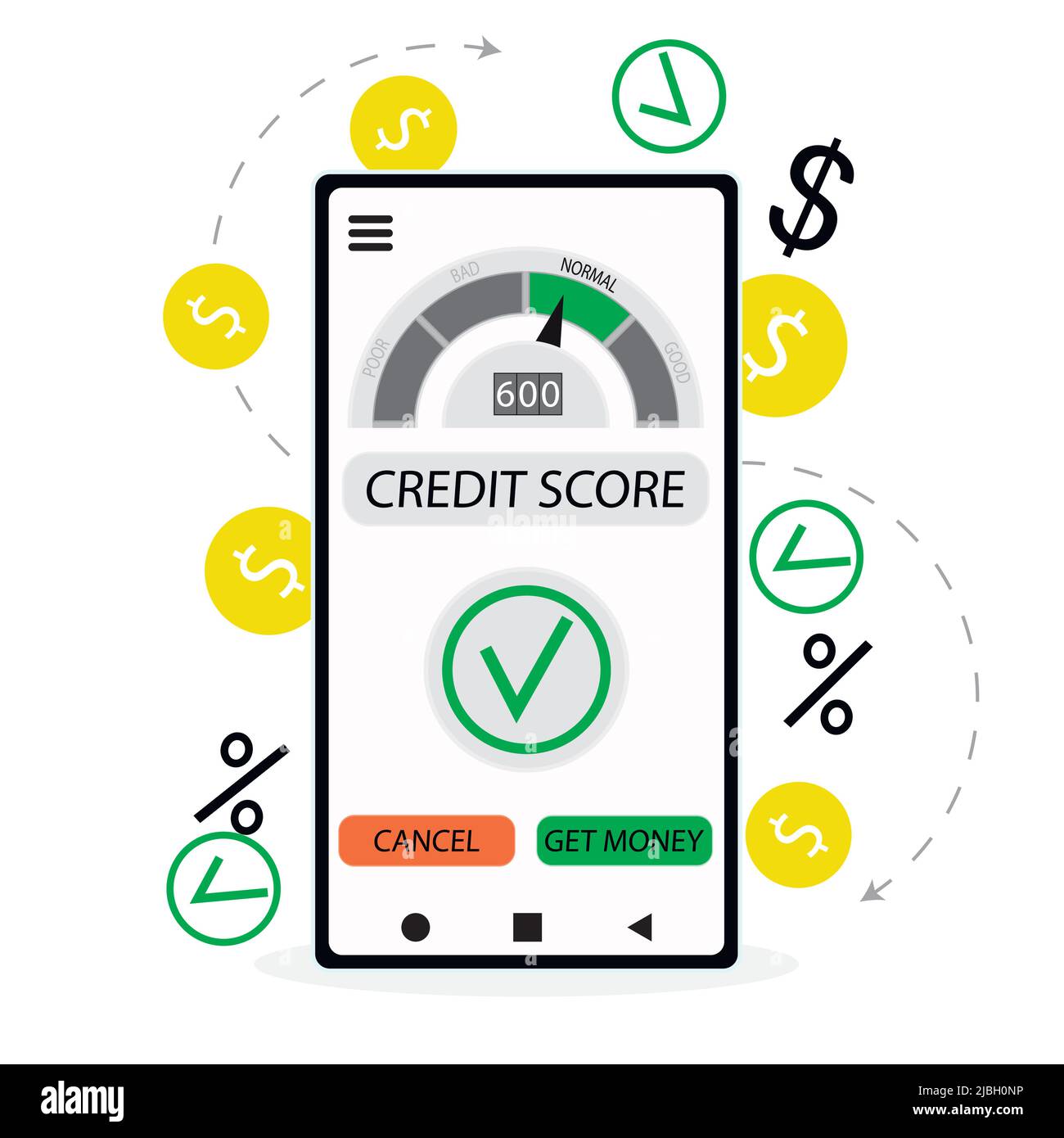 Approved loan, good credit score rating in internet banking. Illustration vector. repaid loan, good financial condition, user indebtedness, loan appli Stock Vector
