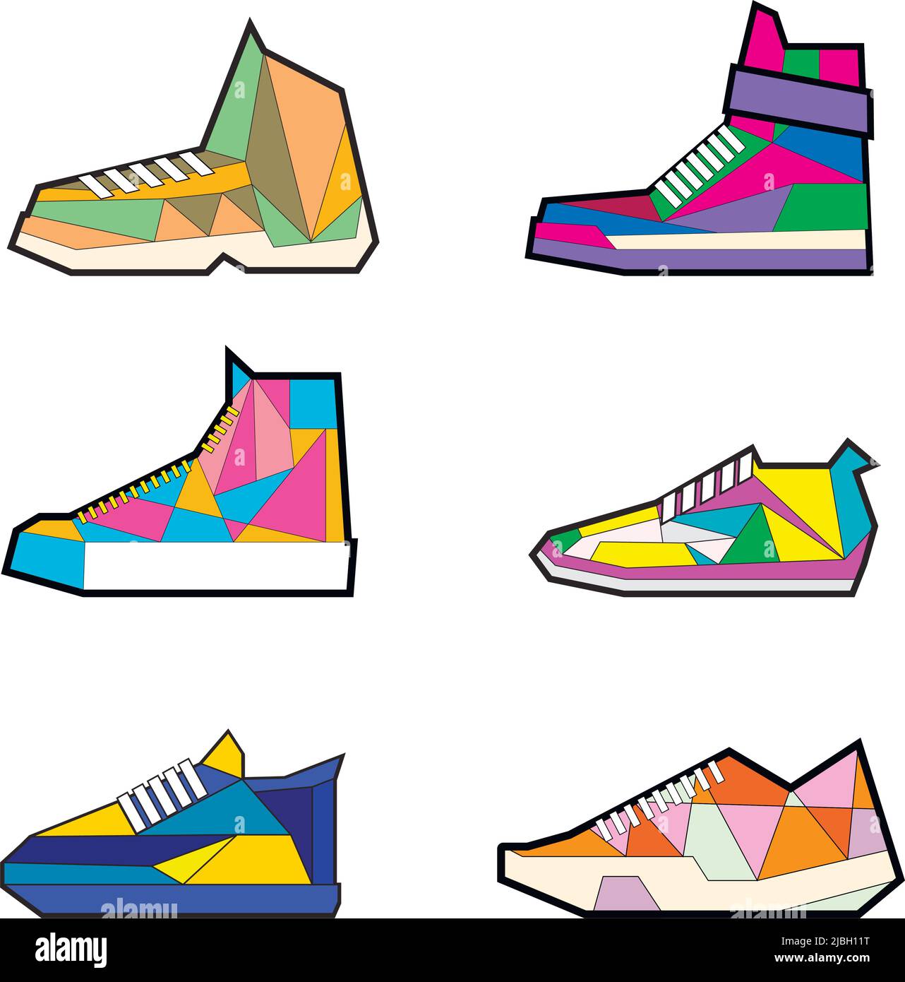 Collection of triangular sneakers, modern design for running jogging, recycled shoes. Vector, illustration. unusual design, bright abstract design, ar Stock Vector