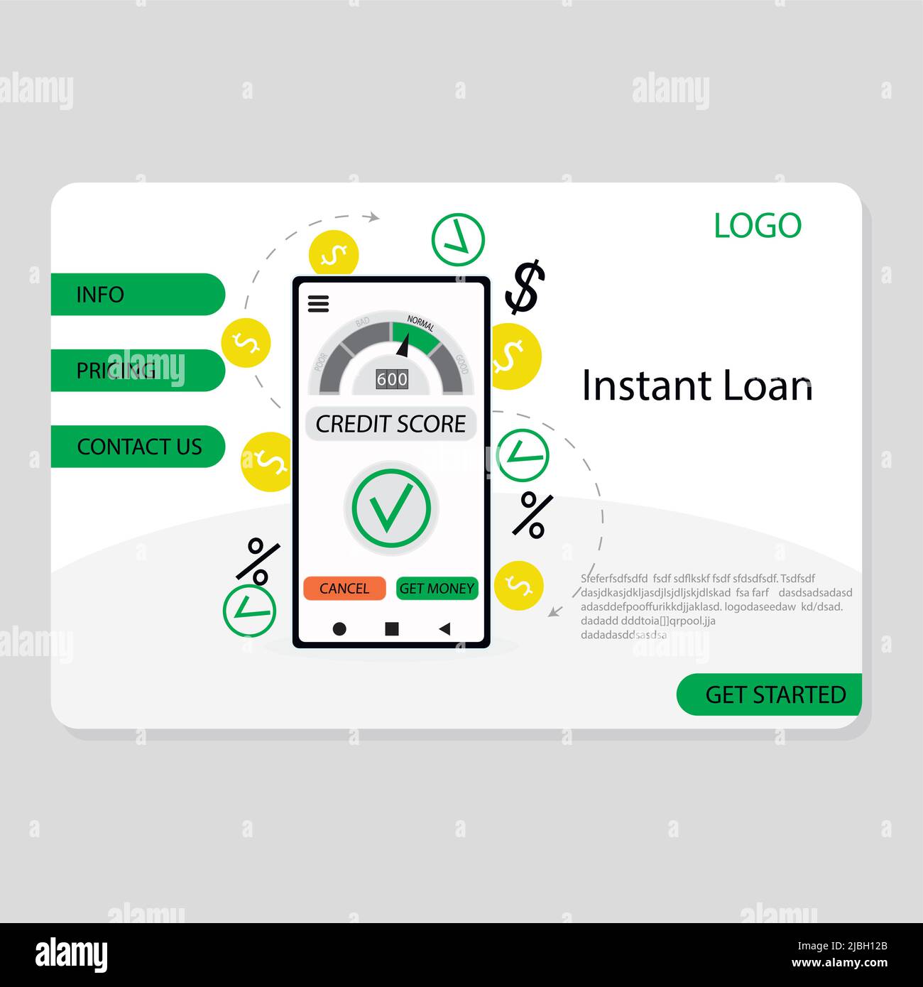 Instant loan landing page for internet banking application. Vector, illustration. bank investment, debt online app, credit website, mobile payment, bu Stock Vector