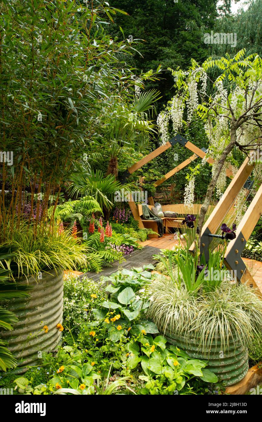 Wisteria floribunda growing on modern wooden arches over a daybed and deck surrouned by lush planting in the Kingston Maurward Space Within Garden des Stock Photo
