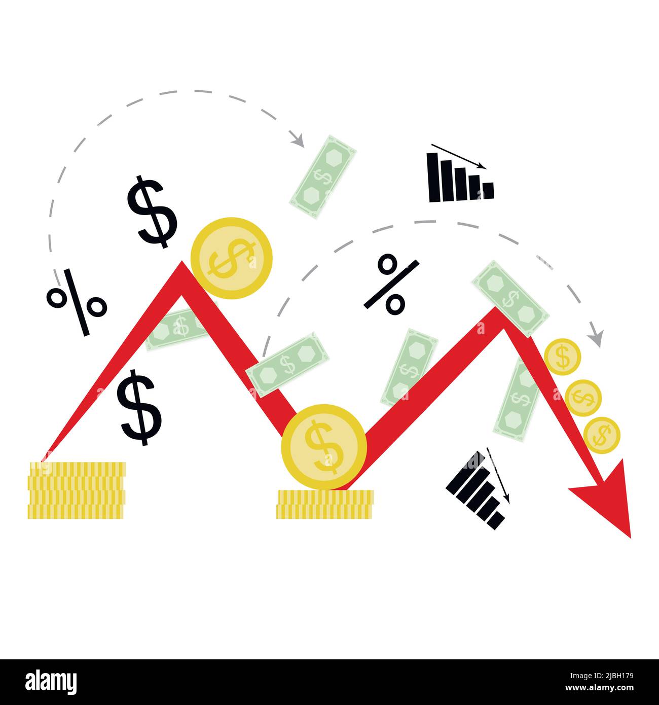 Financial crisis and bankrupt, recession and decrease chart of finance. Vector, illustration. descending graph, loss of savings, business bankruptcy, Stock Vector