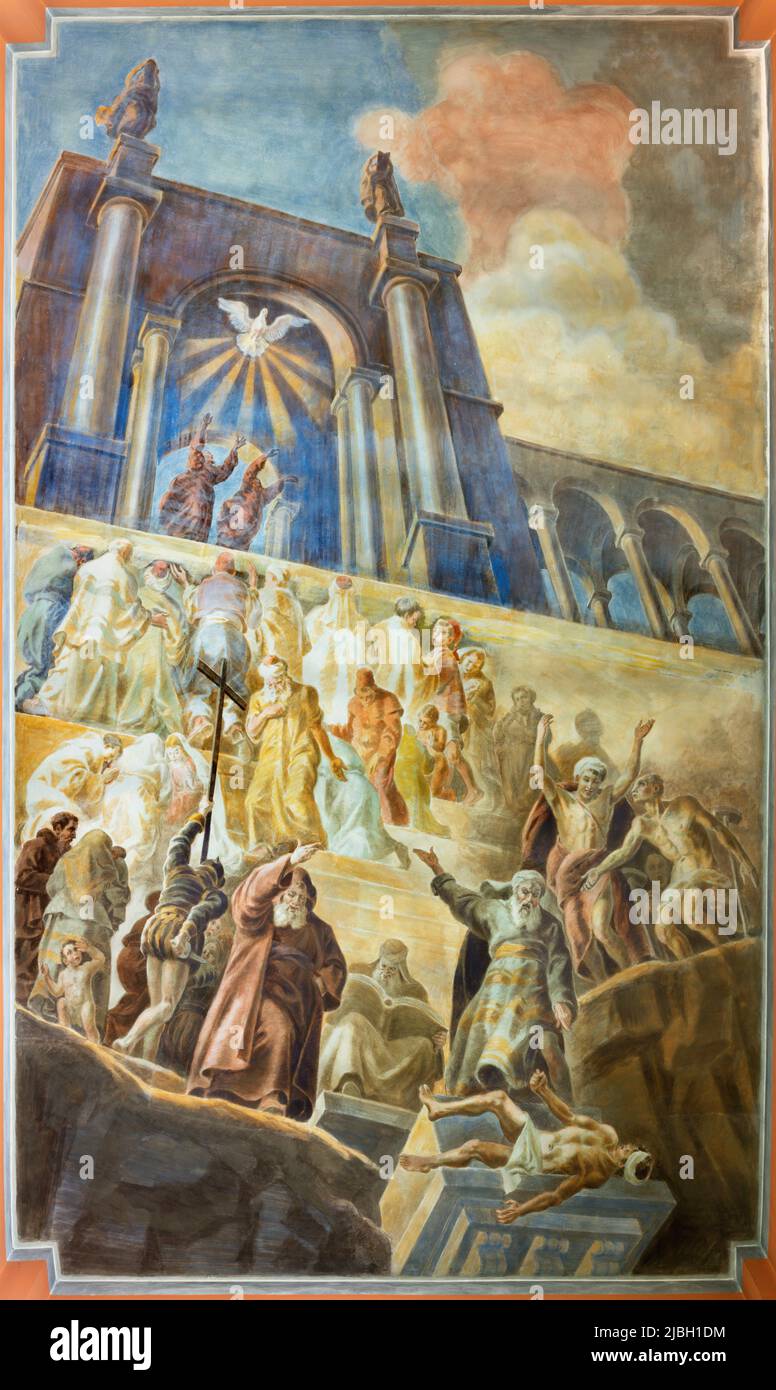 BARI, ITALY - MARCH 5, 2022: The fresco of Triumph of Holy Spirit in the church Chiesa del Redentore by Giuseppe Melle (1940 - 1960) Stock Photo
