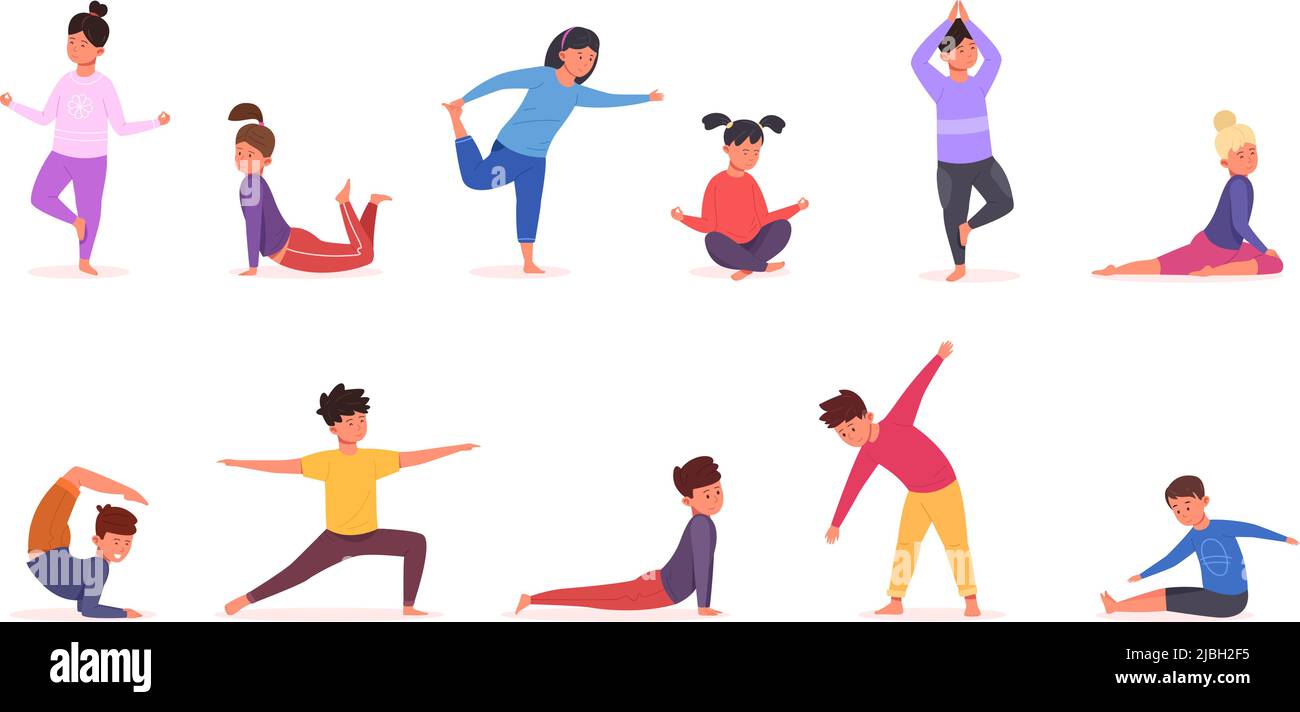 Children pilates. Kids yoga posture, child gymnastics pose sport stretching exercise for enfants, youth healthy lifestyle gym bend gymnastic, set cartoon vector illustration of fitness kids pilates Stock Vector Image & Art - Children pilates. Kids yoga posture, child gymnastics pose sport stretching exercise for enfants, youth healthy lifestyle gym bend gymnastic, set cartoon vector illustration of fitness kids pilates Stock Vector Image & Art -