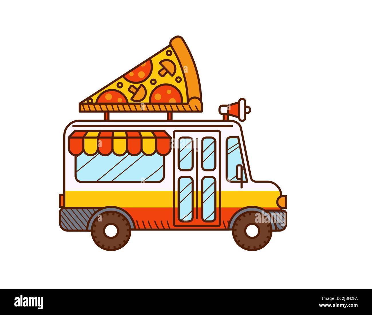 Pizza van icon. Cartoon food truck isolated white Stock Vector