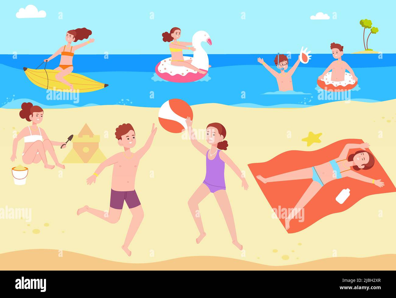 Children sunbathing beach. Kids on sunny sea landscape, baby sunbath or  sunburn plying swim in summer