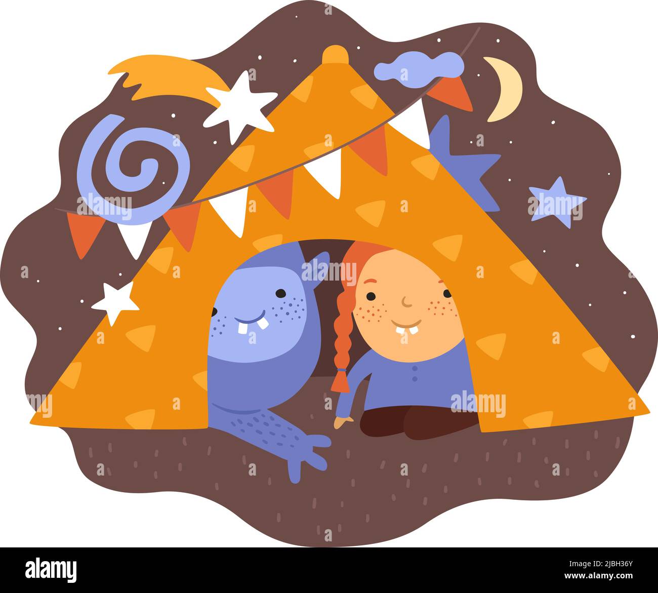 Children dreams. Little dreamer with fictional friends. Monster and kid play in tent. Bizarre alien creature. Girl and imaginary animal. Playful kid Stock Vector