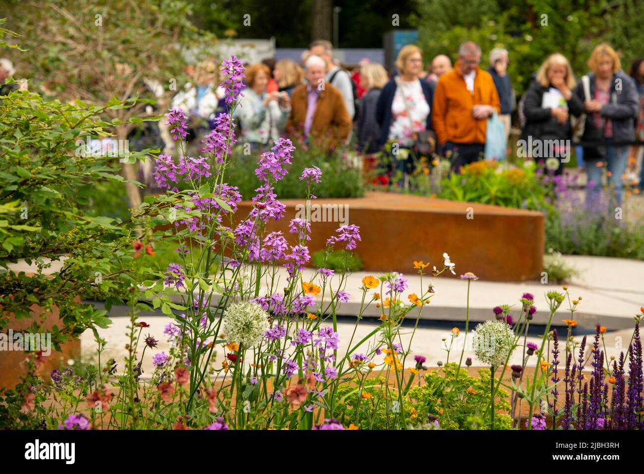 Visitors to the Chelsea Flower Show around plants and trees in the RHS Garden Stock Photo