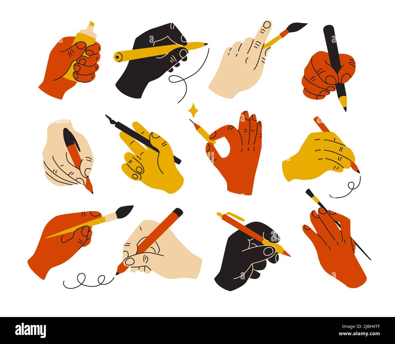 Writing hands. Human arms hold office supplies. Artistic tools and
