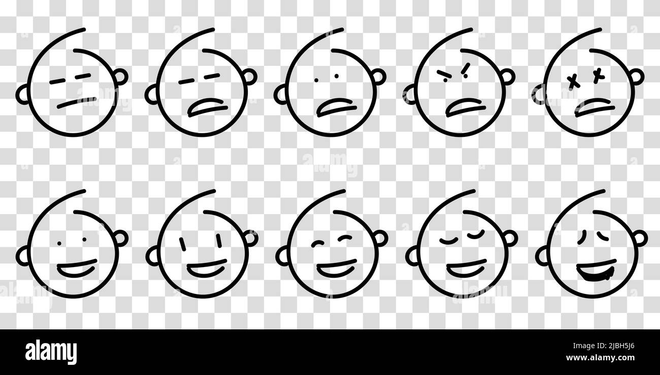Set of outline emoticons face icon. Black line emoji on transparent
