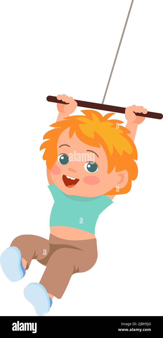 Kid on rope swing. Happy swinging little child. Girl flying in bungee