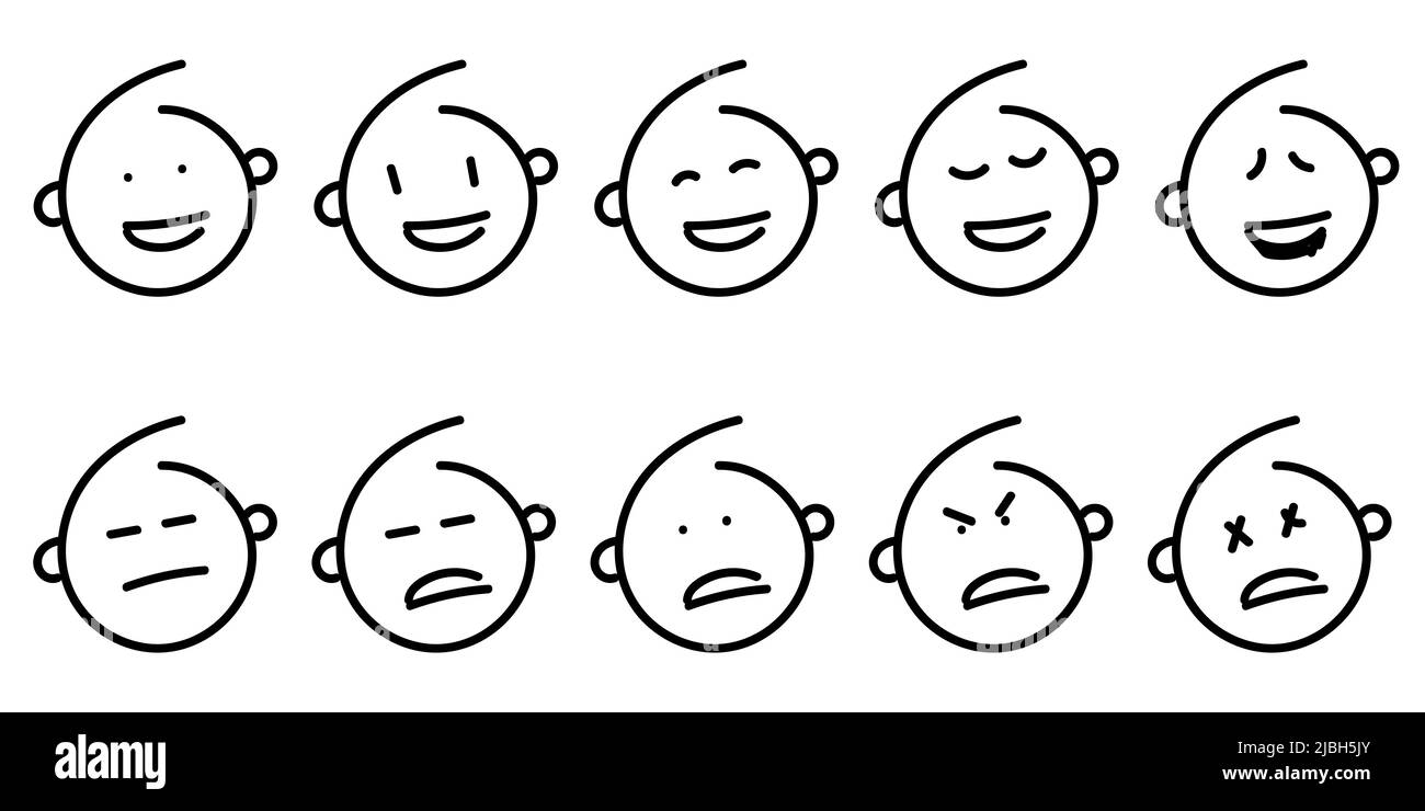 Set of outline emoticons face icon. Black line emoji on white isolated