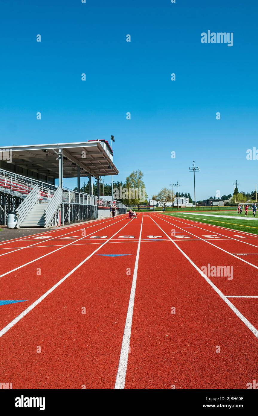 Track lanes at David Douglas High School track and football field in
