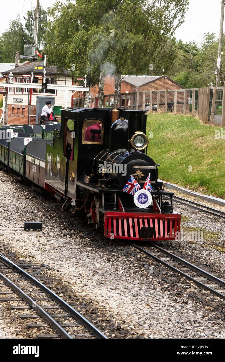 Queen's Platinum Jubilee Celebrations, street decorations, Moors Valley Railway, and Swanage Railway Stock Photo
