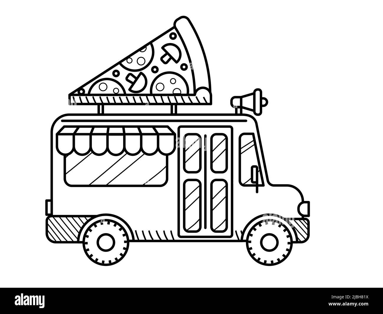 Pizza van coloring page. Cartoon food truck Stock Vector