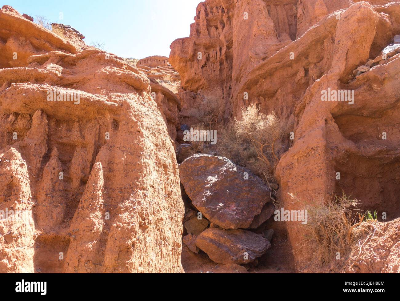 Red rocks and a passage between rocks. Clay canyons. Issyk-Kul region