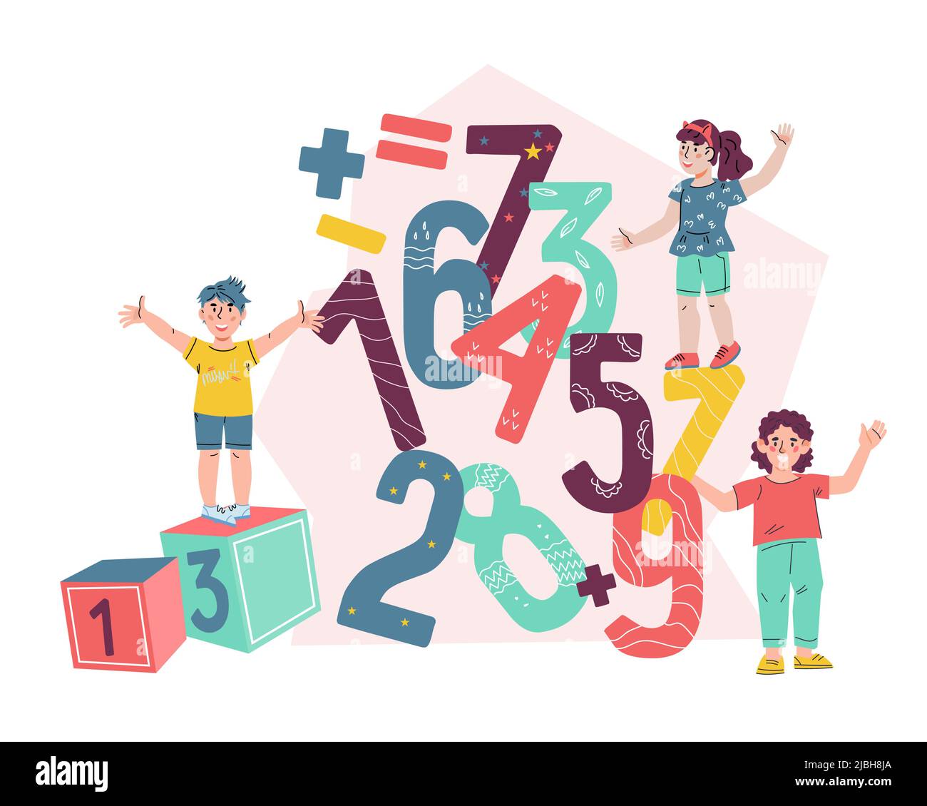 Kids math classes and school arithmetic lessons banner, flat vector isolated on white background. Children studying mathematic and playing logic games Stock Vector