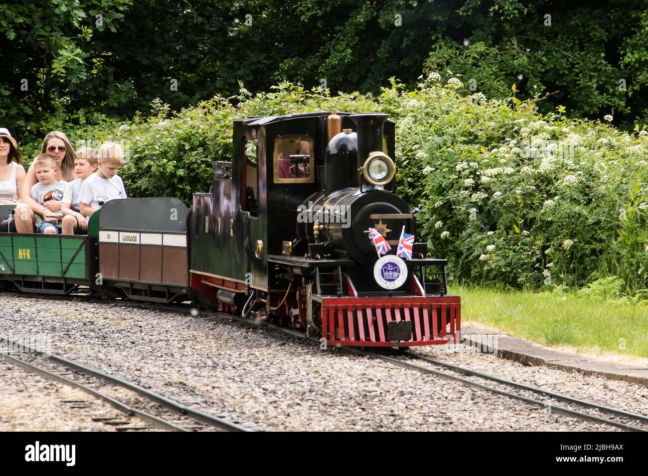 Queen's Platinum Jubilee Celebrations, street decorations, Moors Valley Railway, and Swanage Railway Stock Photo
