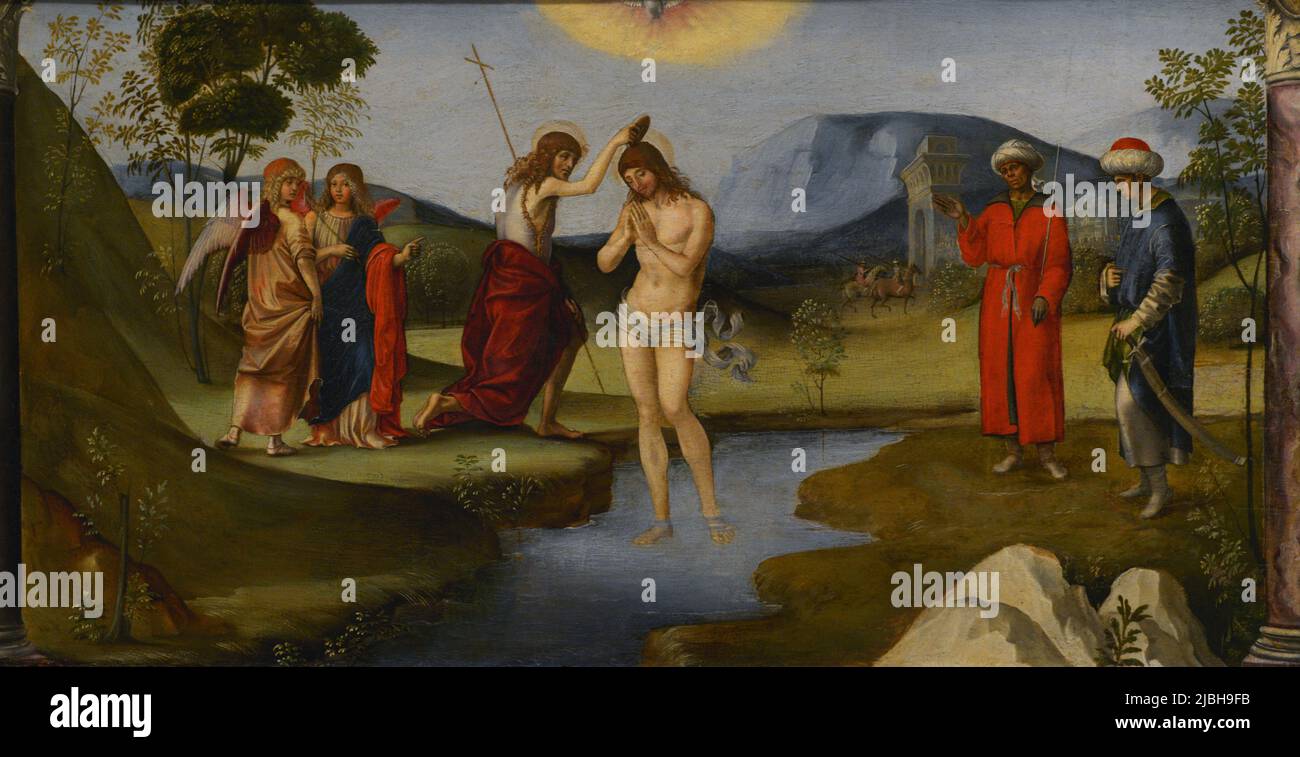 Francesco Francia (1450-1517). Italian painter. Baptism of Christ, 1490. Oil on wood. Calouste Gulbenkian Museum. Lisbon, Portugal. Stock Photo