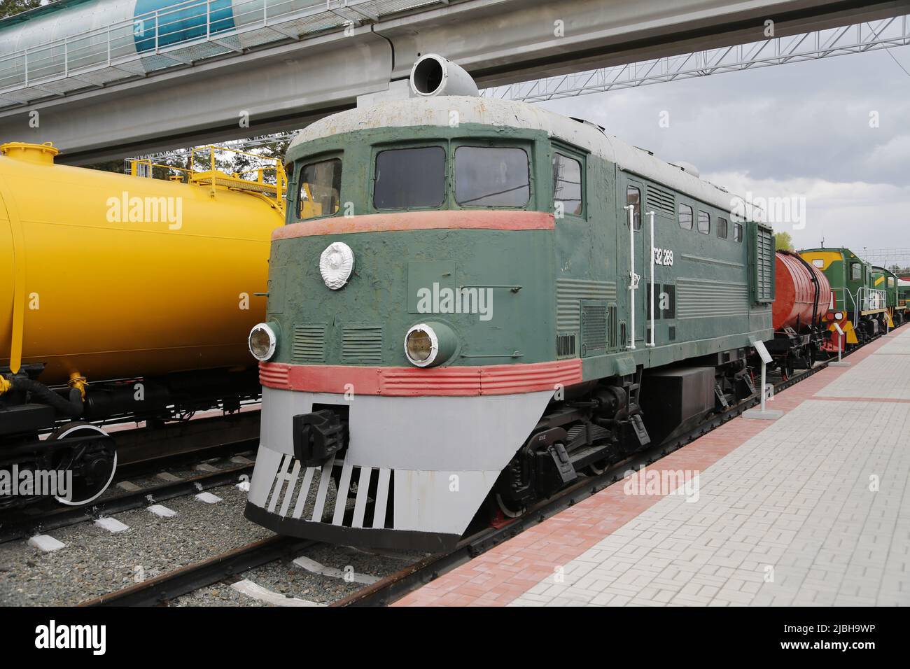 Historic Russian locomotive class TE2 (ТЭ2), photographed in  Museum for Railway Technology Novosibirsk, Siberia, Russia. Described on photo 2JBH9WY Stock Photo