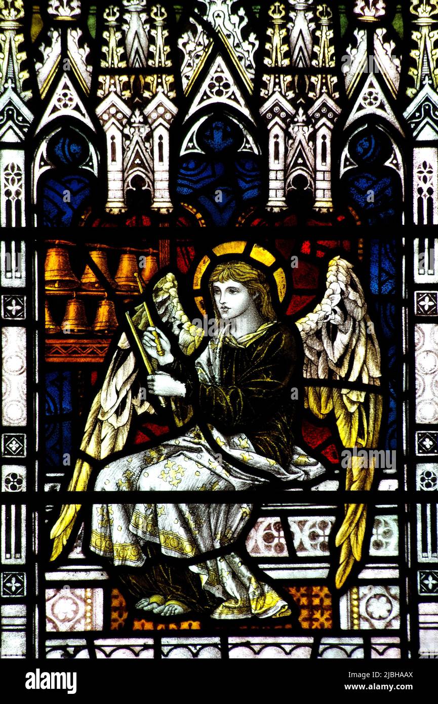 Angel making music; stained glass Stock Photo
