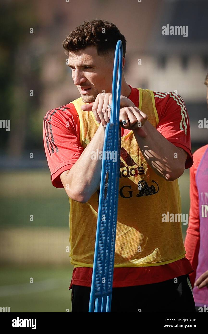 Belgium's Thomas Meunier pictured during a training session of the Belgian national team, the Red Devils, Monday 06 June 2022 in Tubize, during the preparations for the upcoming UEFA Nations League matches. BELGA PHOTO BRUNO FAHY Stock Photo