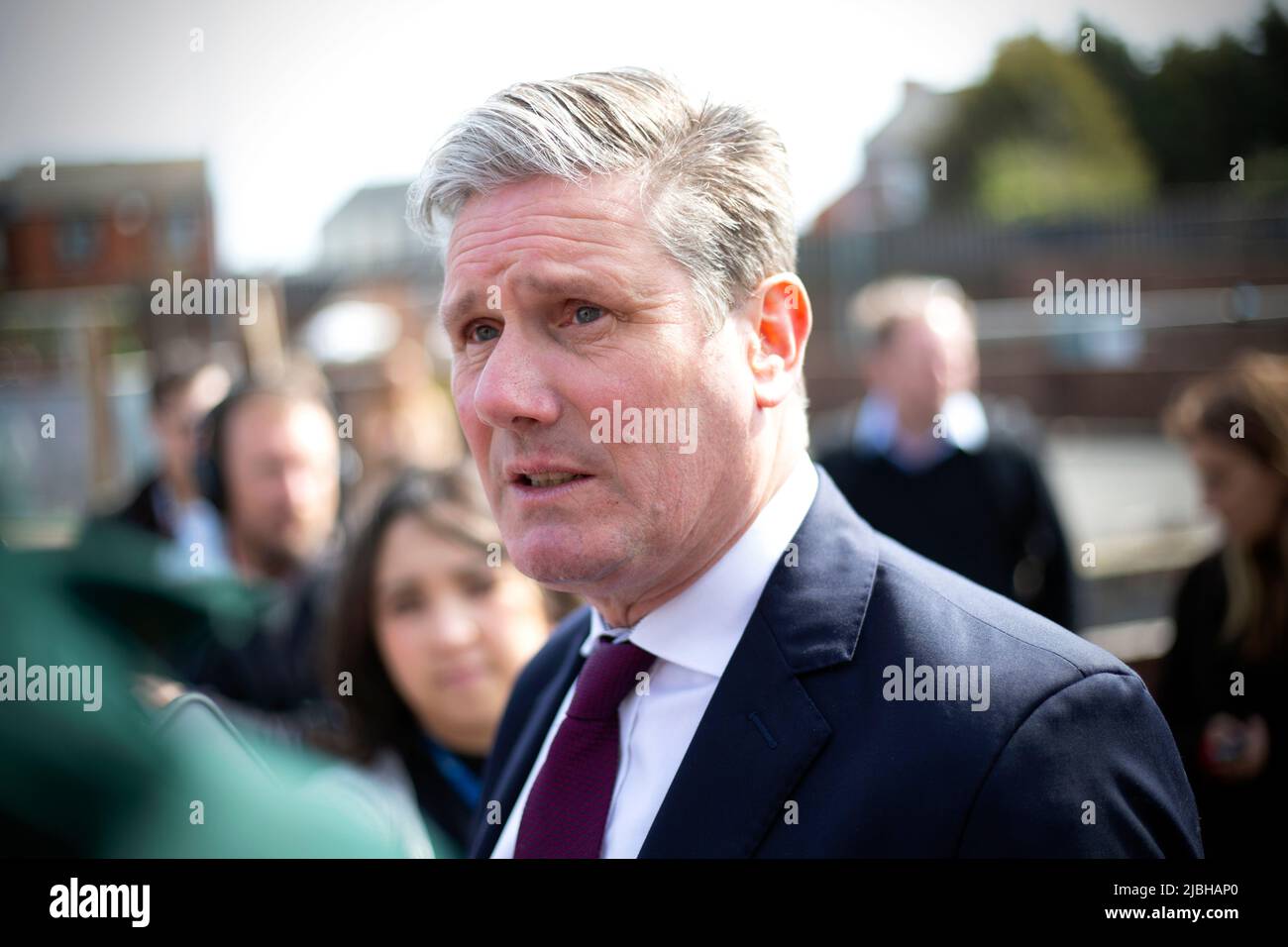 Keir Starmer addresses the media during a visit to the SARA Project based at the Salvation Army  centre in Sunderland in North East England. Stock Photo