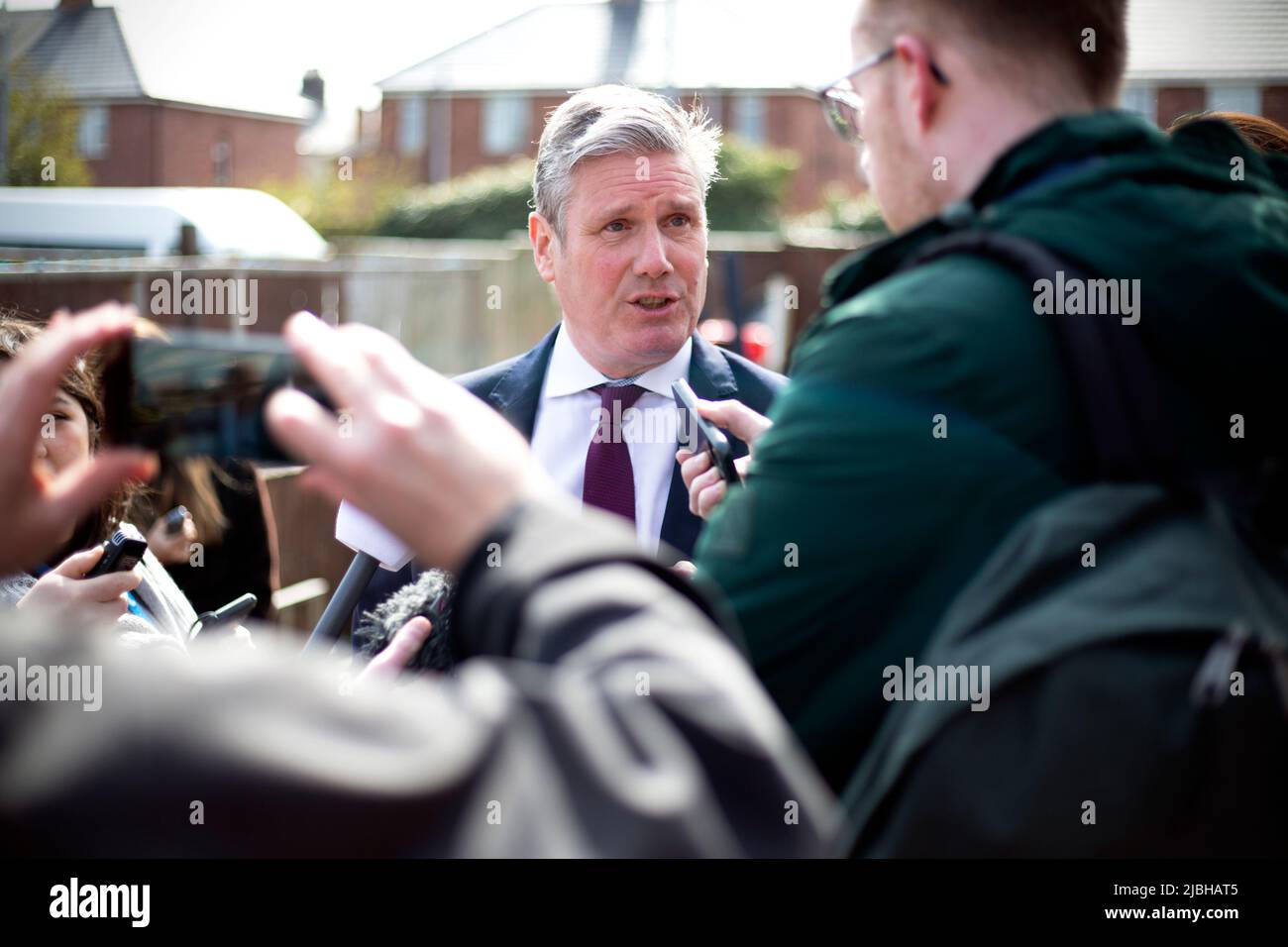 Keir Starmer addresses the media during a visit to the SARA Project based at the Salvation Army  centre in Sunderland in North East England. Stock Photo