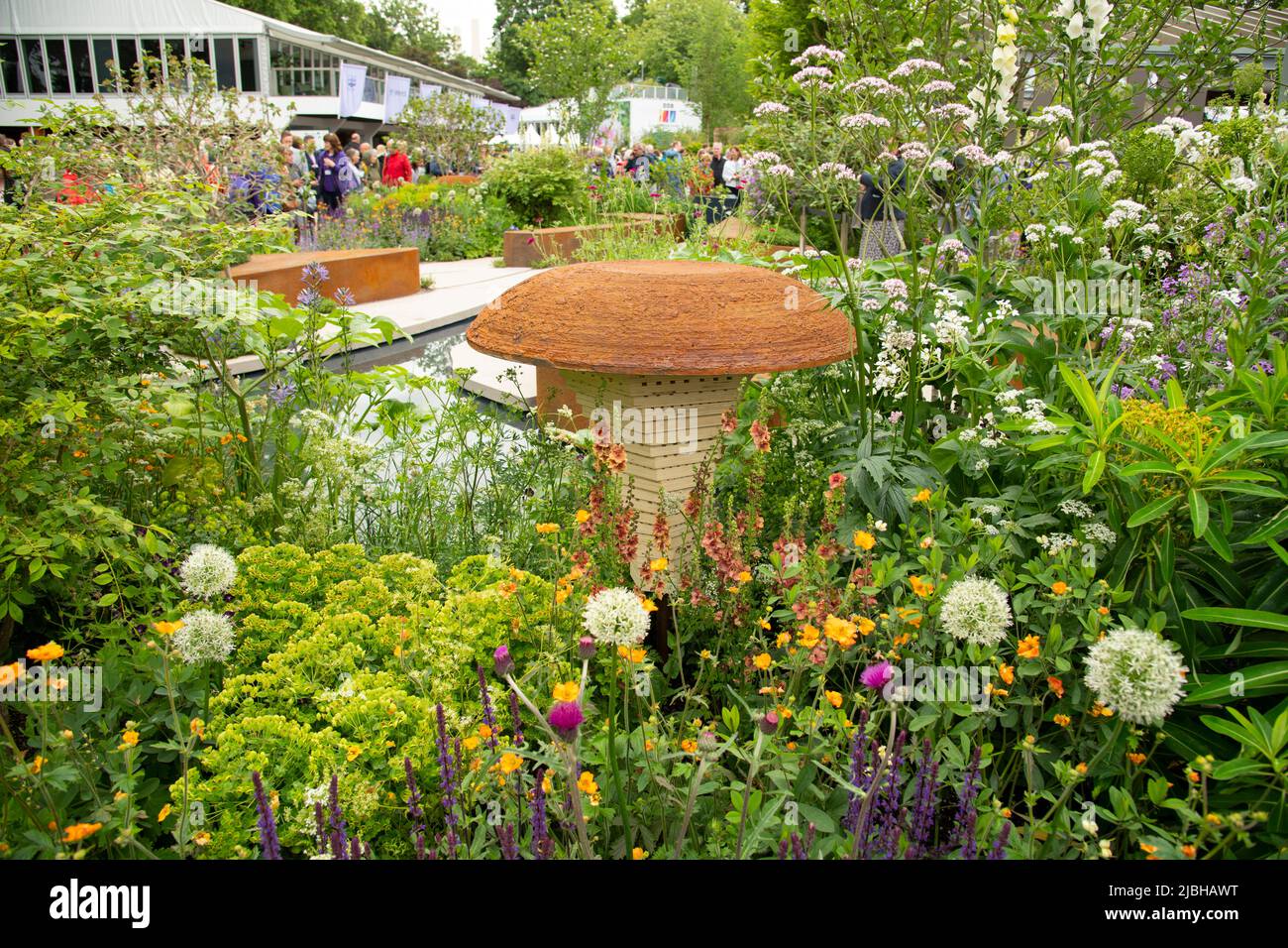 A view of the RHS Garden and visitors in the surrounding grounds of the Chelsea Flower Show. Stock Photo