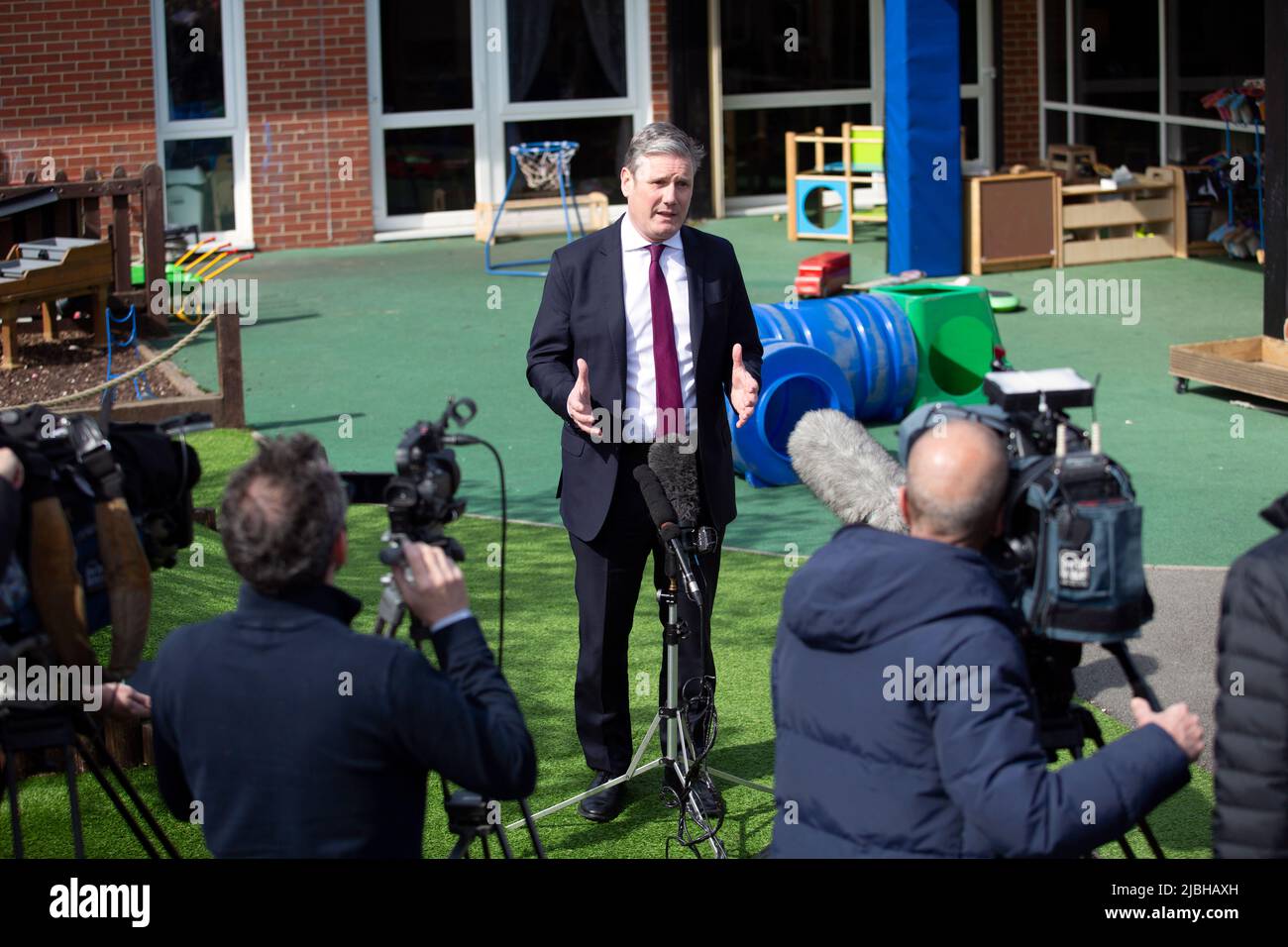 Keir Starmer addresses the media during a visit to the SARA Project based at the Salvation Army  centre in Sunderland in North East England. Stock Photo
