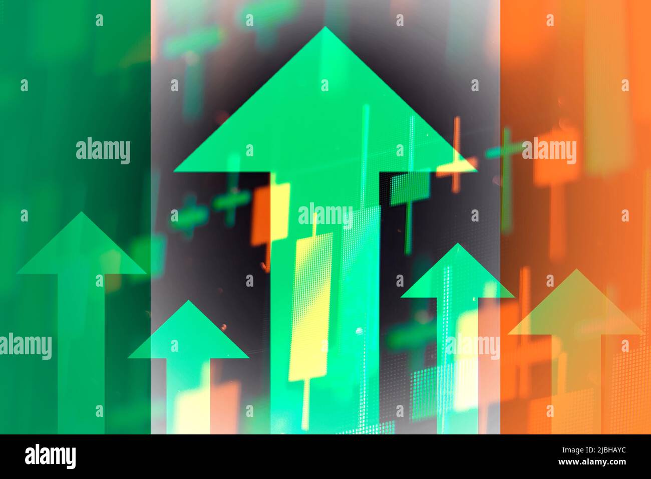 Increasing green arrows showing improvements in the economy or growth of stocks on the stock exchange in Ivory Coast. Stock Photo