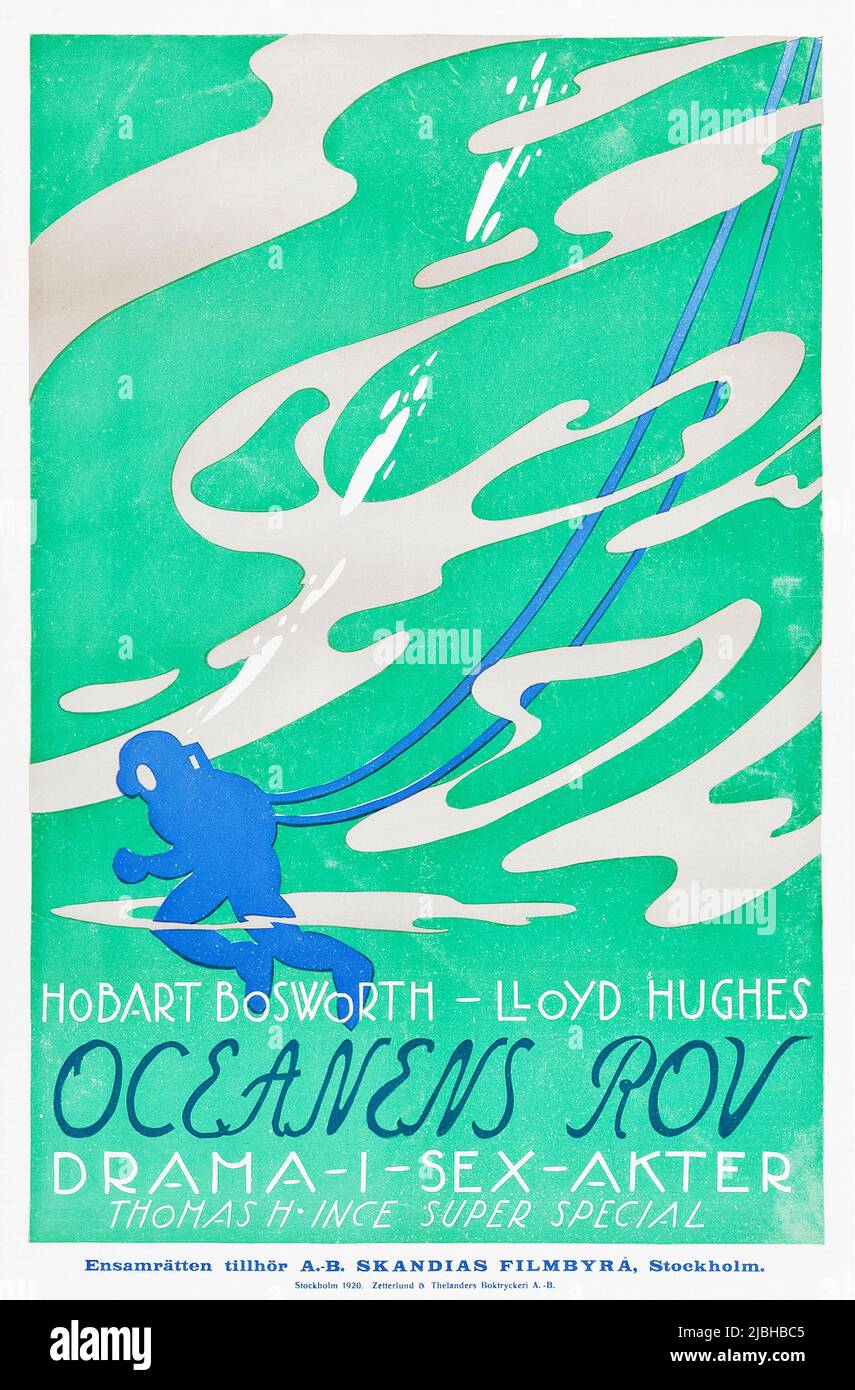 Oceanens Rov - Below the Surface (Famous Players - Lasky, 1920). Swedish film poster Linocut. 1920s poster. Stock Photo