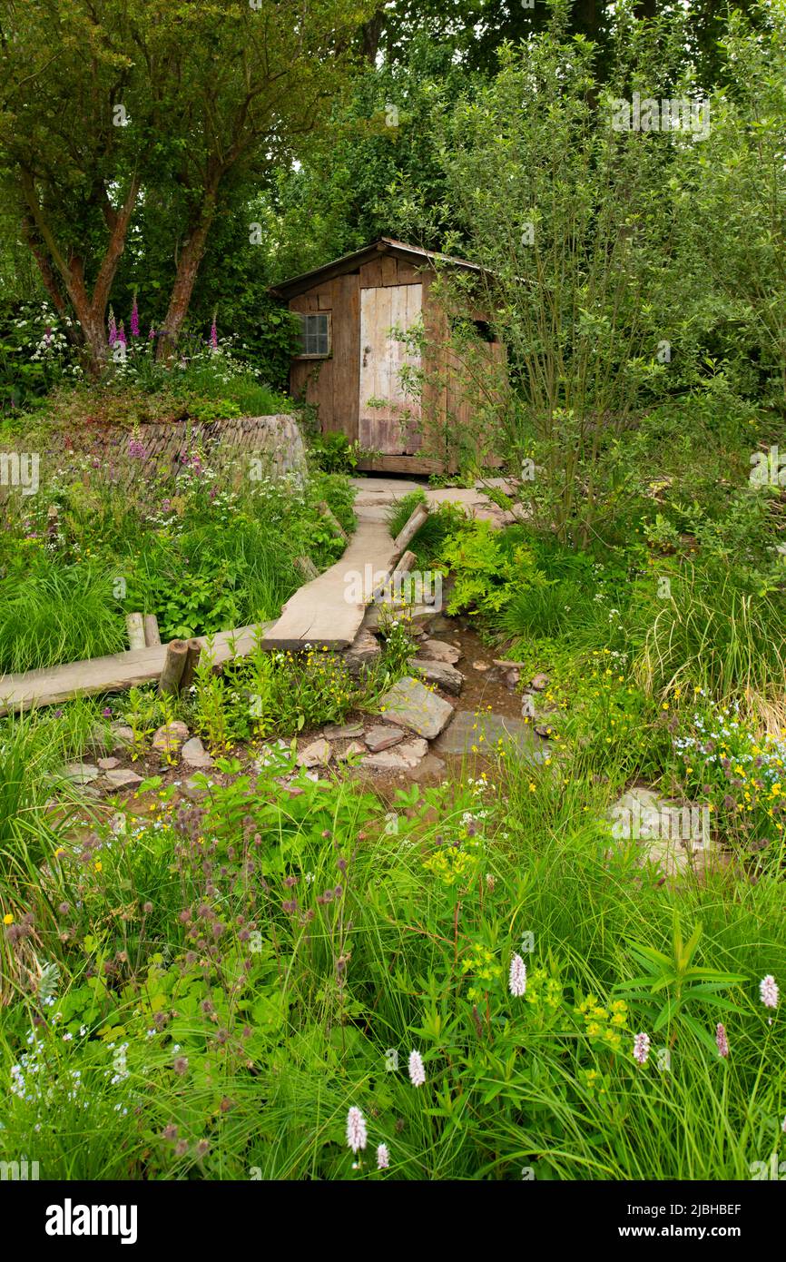 A viewing hide and timber walkway  across a brook and wetland meadow in A Rewilding Britain Landscape winner of the Best Show Garden Award Stock Photo