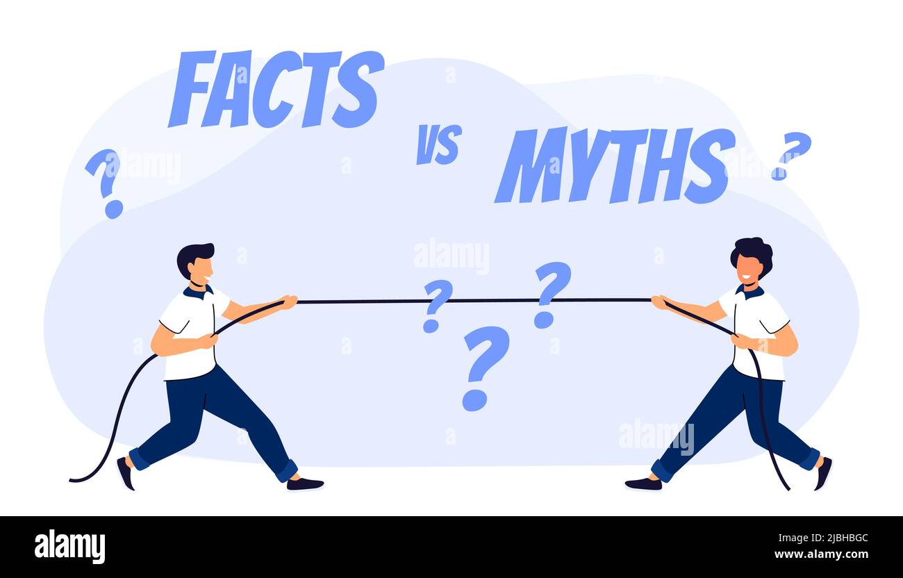 Myths vs facts Vector illustration on white background Two men are pulling the rope proving where is the truth and where is the lie. Concept of thorou Stock Vector