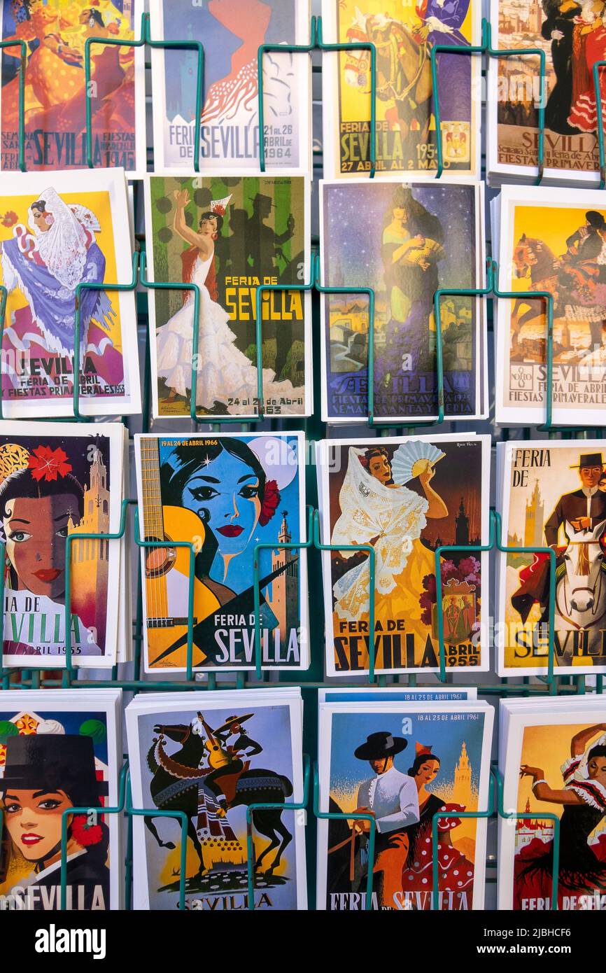 Spanish Postcards Of Old Movie Posters For Sale On A Souvenier Shop Rack Feria De Sevilla Stock Photo