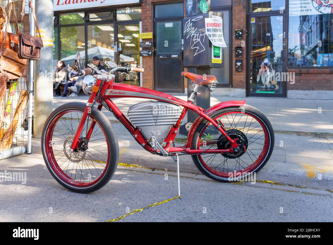 A Tracker bicycle resembling a motorbike. The vehicle is parked in Dundas St. West during the Do West Festival. Stock Photo