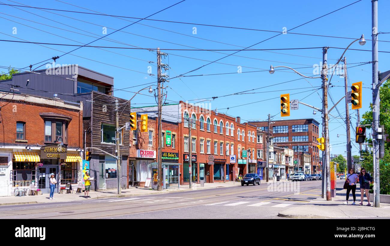 Architecture of old buildings in the intersection of Dundas St. West and Sterling Rd. Stock Photo