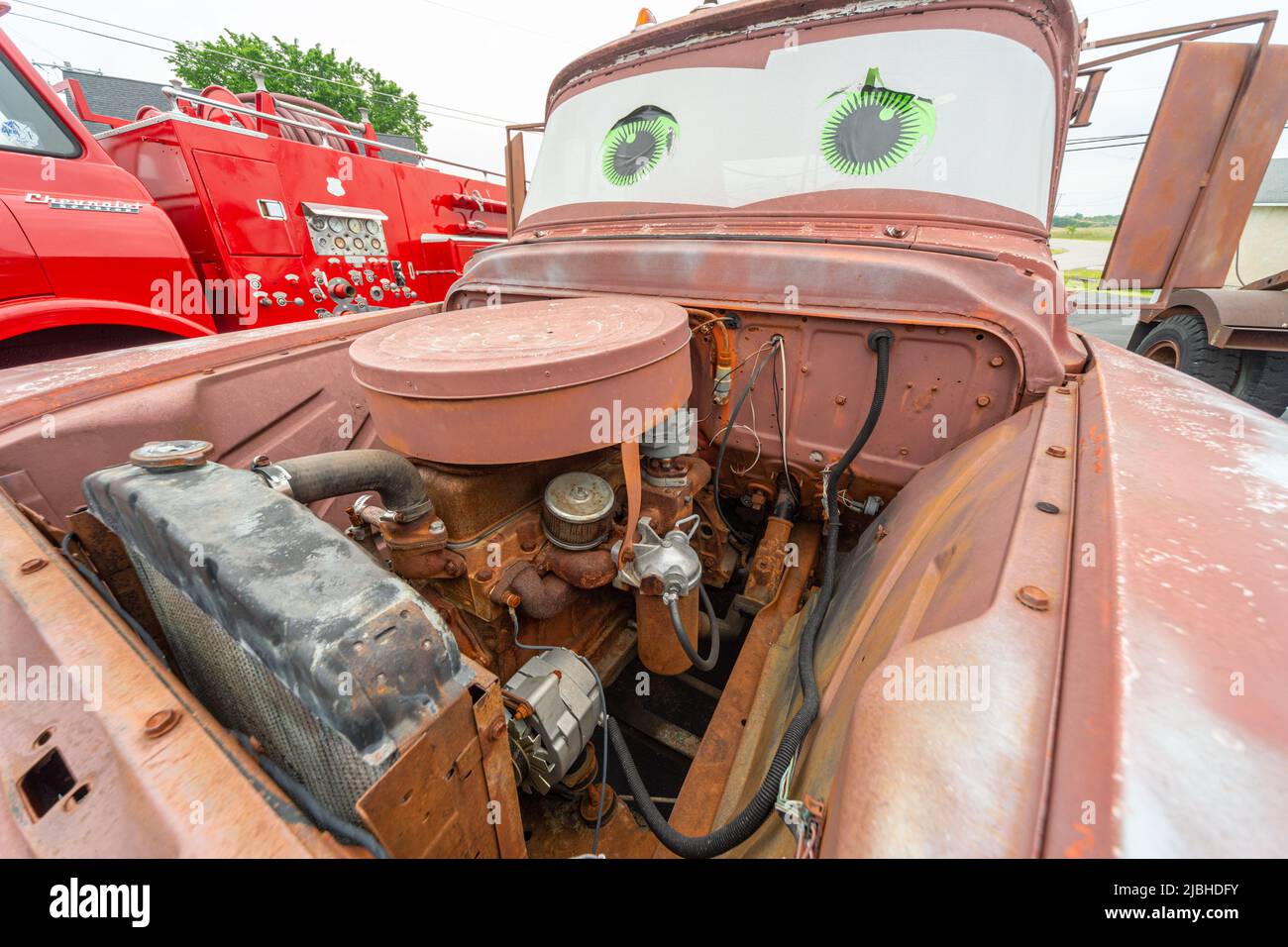 Inline 6 engine of 'Tow-Mater' one of the tow-trucks at Cars on the Route, Galena KS USA, route 66 Stock Photo