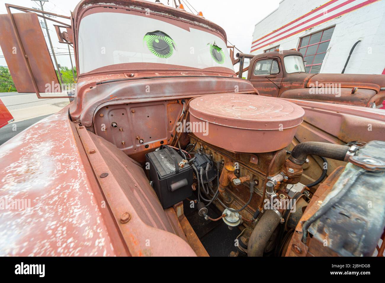 Inline 6 engine of 'Tow-Mater' one of the tow-trucks at Cars on the Route, Galena KS USA, route 66 Stock Photo