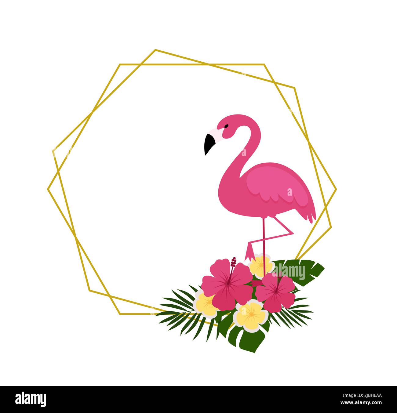 Summer postcard background with tropical plants and flowers, flamingos ...