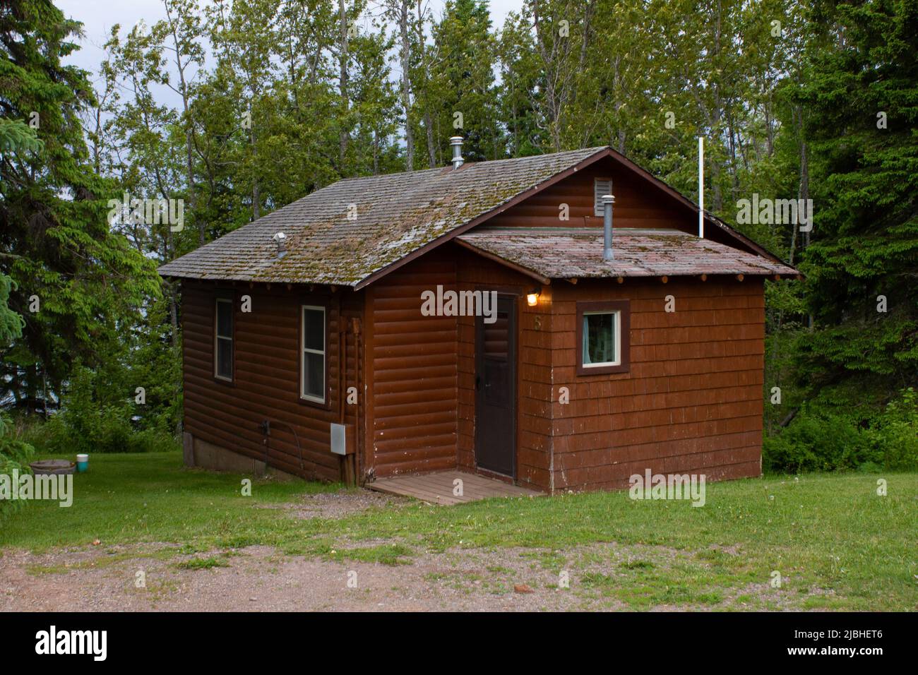 Cabin in Northern Minnesota Wooods by Lake Superior Stock Photo