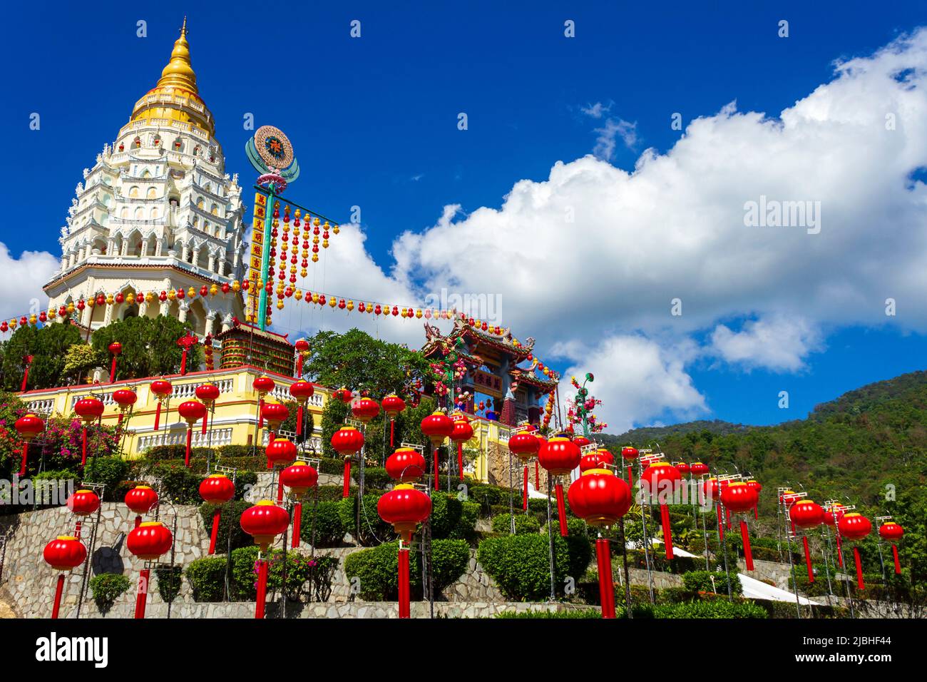 Kek Lok Si Chinese Temple decorated with Chinese paper lanterns for the Chinese New Year. Kek Lok Si Temple is located near Georgetown, Penang, Malays Stock Photo