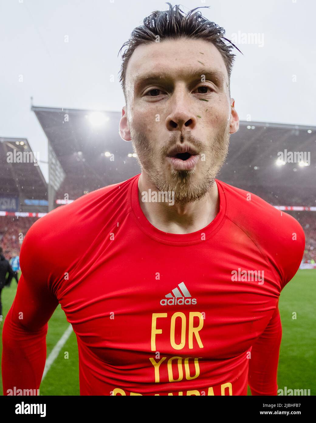 CARDIFF, WALES 05 JUNE 2022 Wales' Kieffer Moore celebrates after