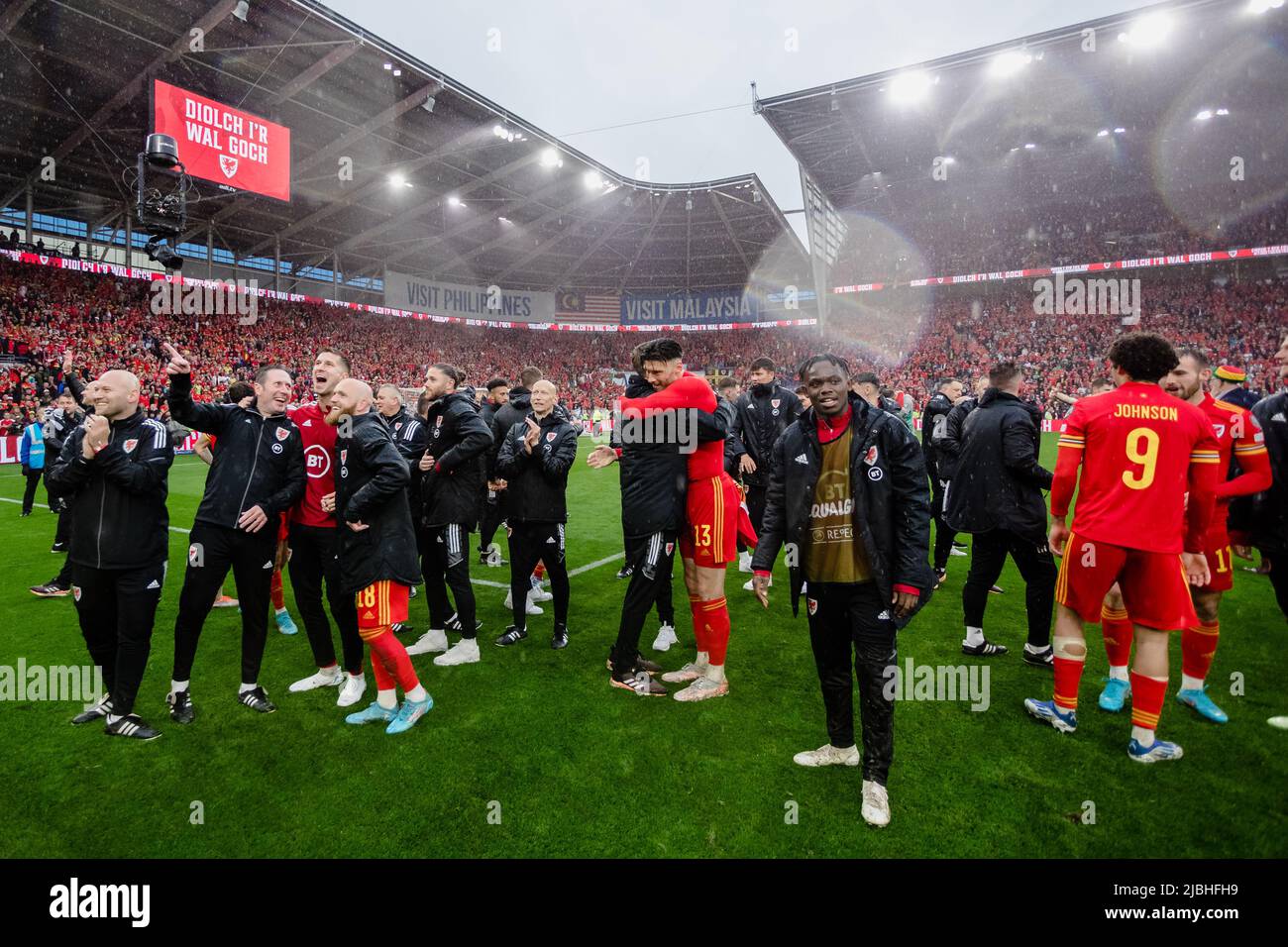 CARDIFF, WALES 05 JUNE 2022 Wales players and staff celebrate after