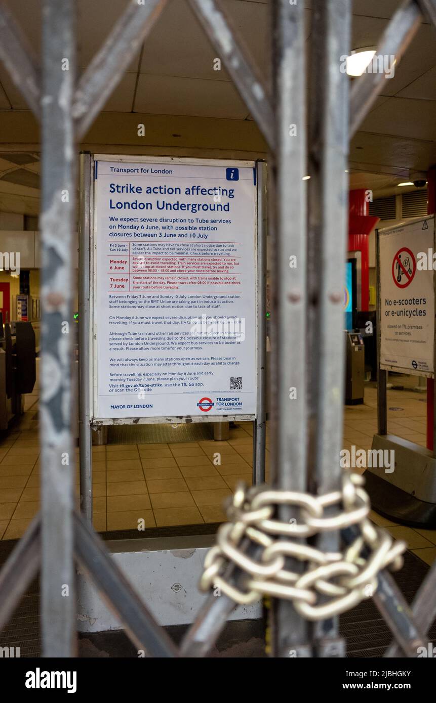 Locked tube station during London Tube strikes - 6th of June 2022 Stock Photo