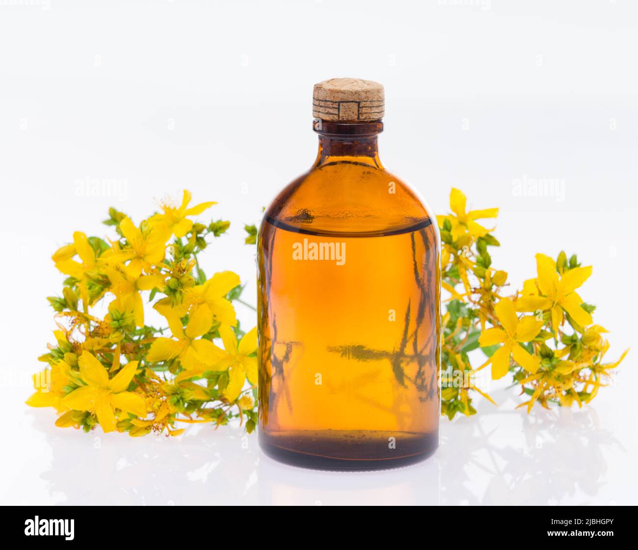 St. John's Wort essential oil. Brown St. John's Wort oil bottle on a