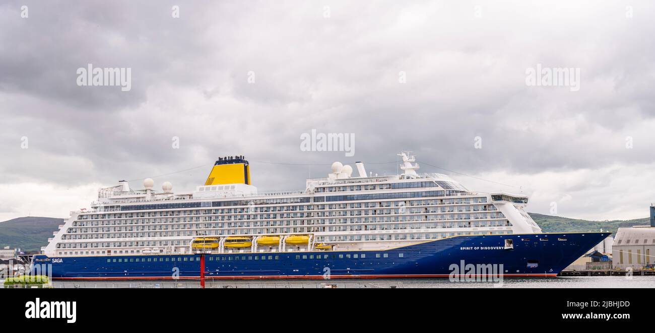Belfast, Northern Ireland. 21/05/2022 - Spirit of Discovery cruise liner, operated by Saga, docked in Belfast. Stock Photo