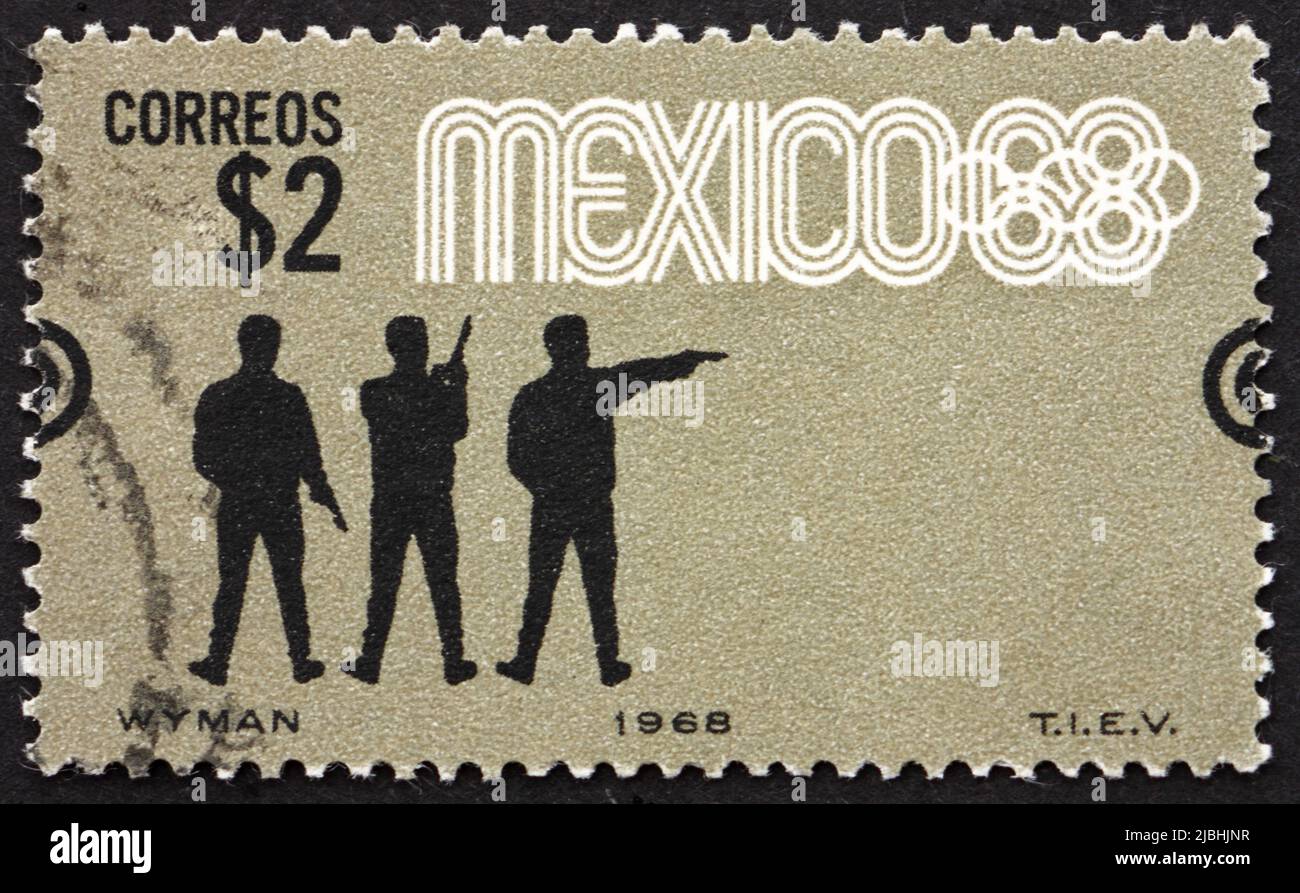 MEXICO - CIRCA 1968: a stamp printed in the Mexico shows Pistol Shooting, Summer Olympics, Mexico City 68, circa 1968 Stock Photo