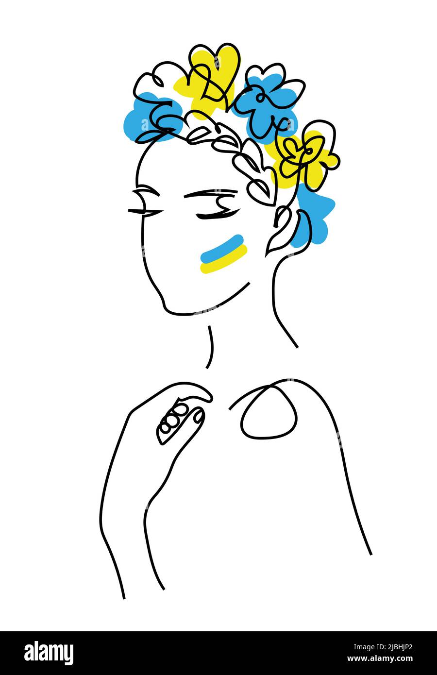 Ukraine woman face line art drawing with flower wreath and ukrainian flag on a cheek. Modern continuous line vector illustration of woman head with Stock Vector