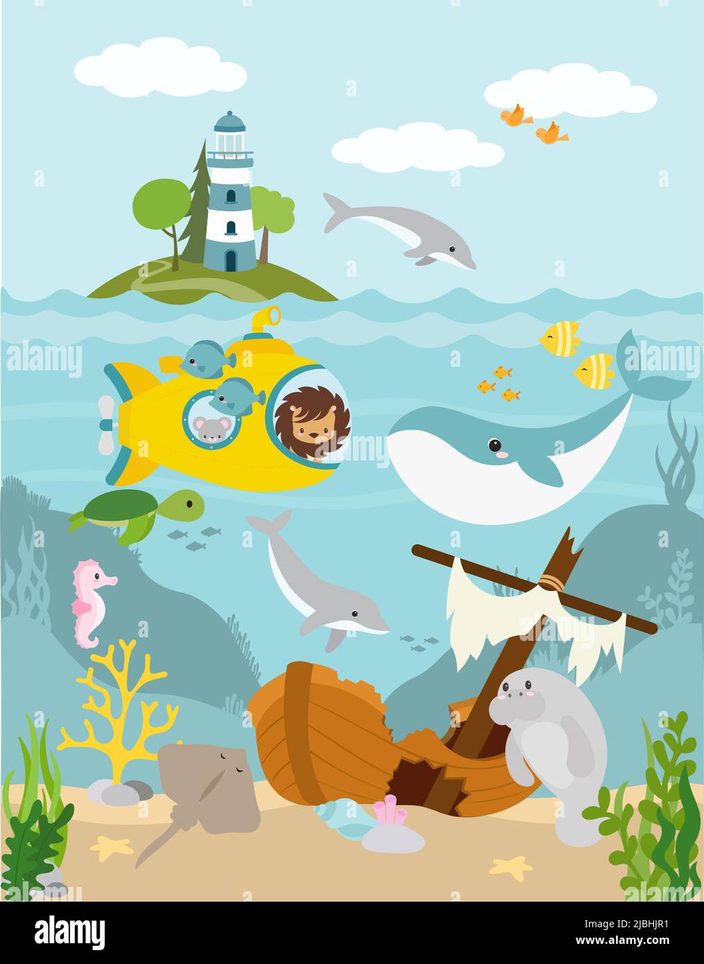 Underwater illustration with yellow submarine and cute sea animals Stock Vector